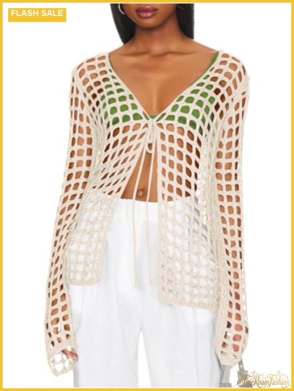 Long Sleeve Crochet Hollow Out Swimwear Cover Up Tie Front Knit Cardigan for